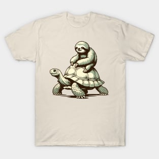 Slow Ride Adventure: Retro Sloth and Turtle T-Shirt